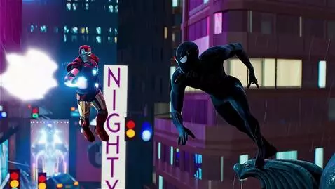 AI Video from prompt: spiderman in black suit fighting against iron ma