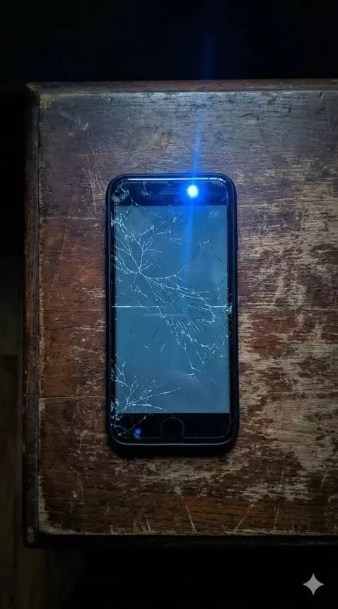 AI Video from prompt: Slow camera zoom in on the cracked screen. The b