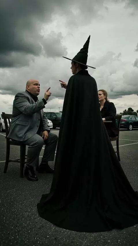 AI Video from prompt: A man, a woman, and a witch are arguing, the win