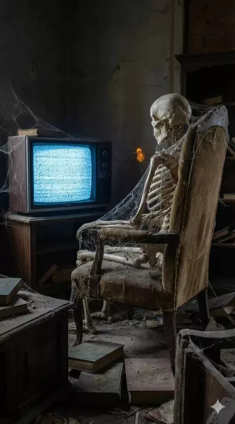 AI Video from prompt: Dimly lit living room at night. Old CRT televisi