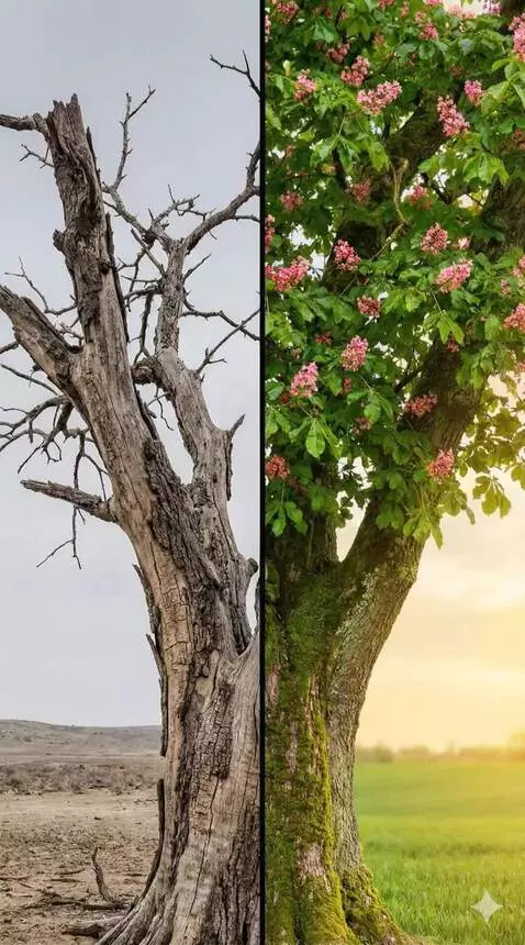 AI Video from prompt: Wind blows: on the left, dead branches remain st