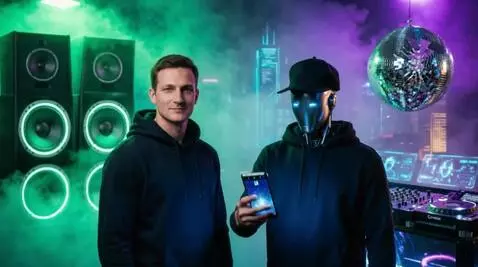 AI Video from prompt: Cyberpunk aesthetic, a person holding a futurist