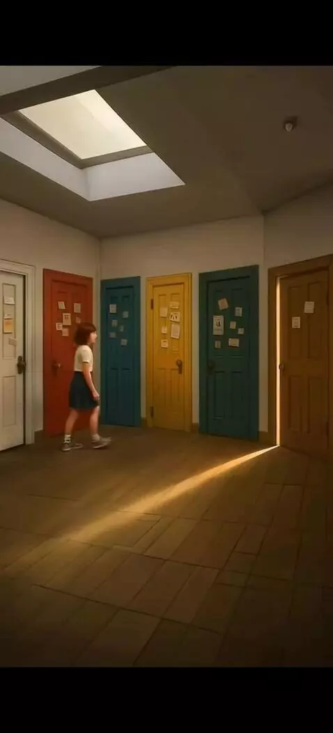 AI Video from prompt: the girl goes to the yellow door, opens it, and 