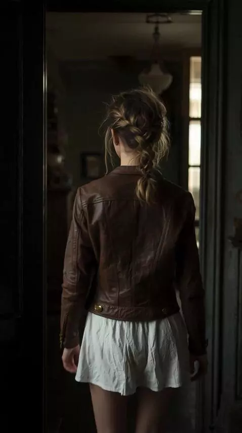 AI Video from prompt: A woman enters a room and sees her reflection in