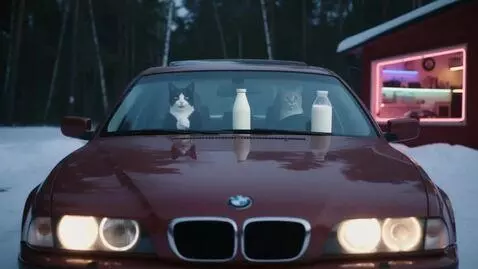 AI Video from prompt: cat on driving seat drinks milk and  rotating a 