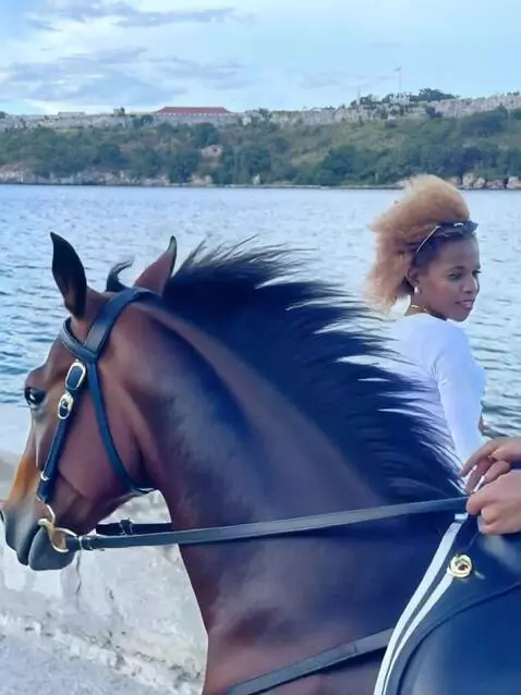 AI Video from prompt: A woman jumps on a horse that runs past her.