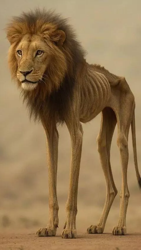 AI Video from prompt: A skinny hungry lion standing weakly in the sava