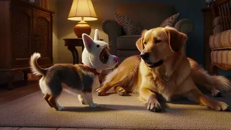 AI Video from prompt: A small dog wearing a cat mask approaches a larg