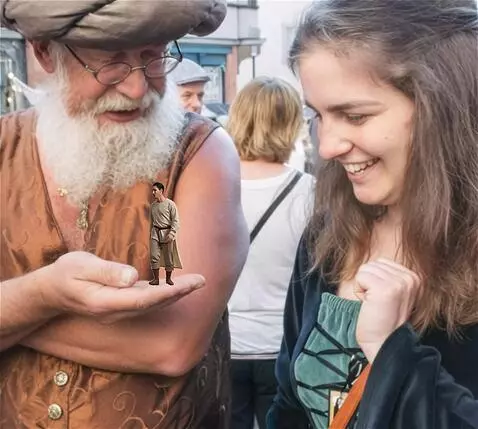 AI Video from prompt: the great girl hold the tiny man