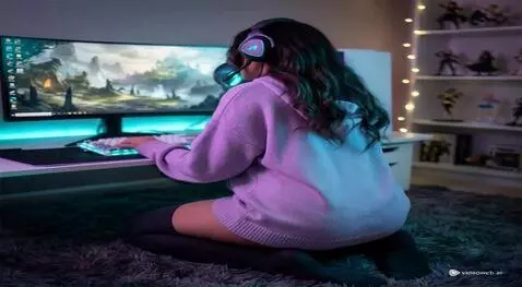 AI Video from prompt: A gamer girl playing a video game gets up onto h