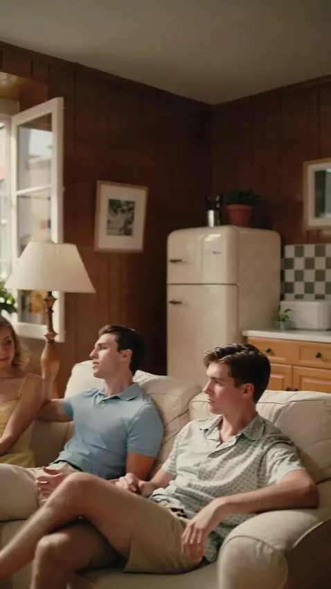 AI Video from prompt: Sunny. A retro apartment. The gang is relaxing i