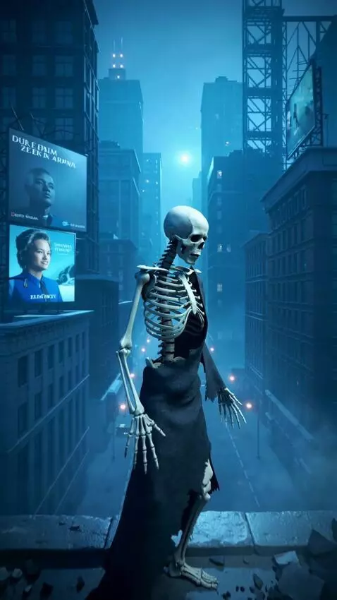 AI Video from prompt: Place the skeleton character standing on a rooft