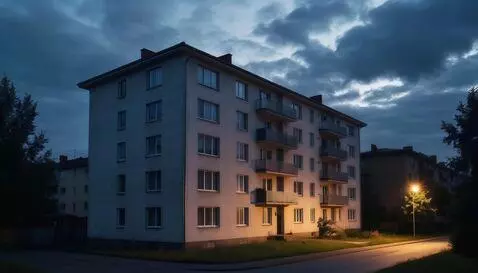 AI Video from prompt: Shooting clouds hanging over houses, bad weather