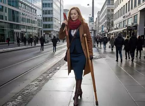 AI Video from prompt: A very beautiful one-legged woman carefully turn