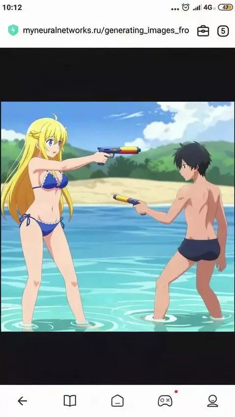 AI Video from prompt: The girl shoots water at the guy's forehead, and