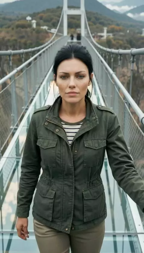 AI Video from prompt: Wide cinematic rear shot of the same woman walki