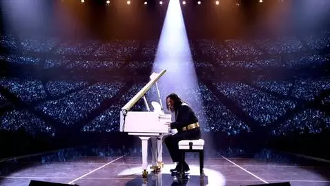 AI Video from prompt: Michael Jackson sitting at white grand piano on 