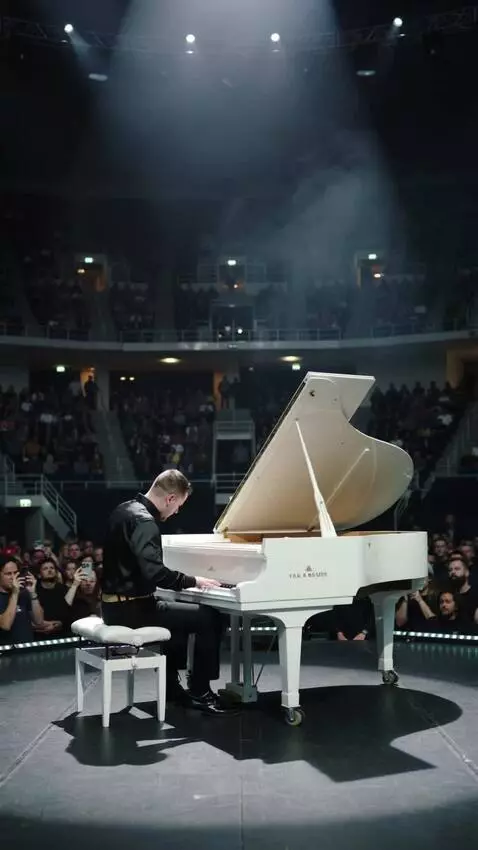 AI Video from prompt: Michael Jackson sitting at white grand piano on 