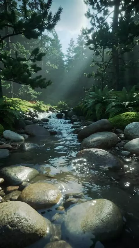 AI Video from prompt: Cinematic daytime forest scene, lush green pine 
