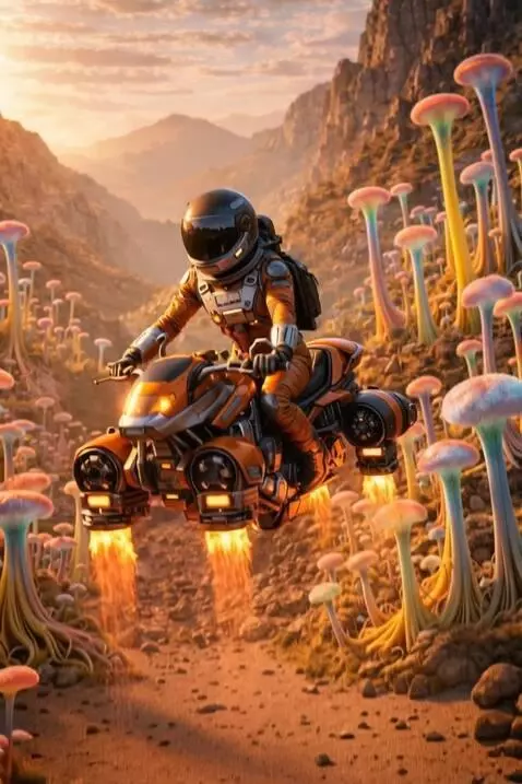 AI Video from prompt: The flying motorcycle lands smoothly on the grou