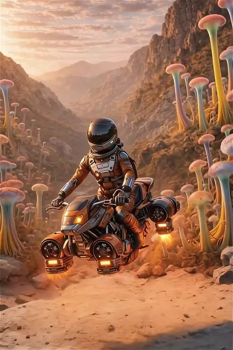 AI Video from prompt: The flying motorcycle lands smoothly on the grou