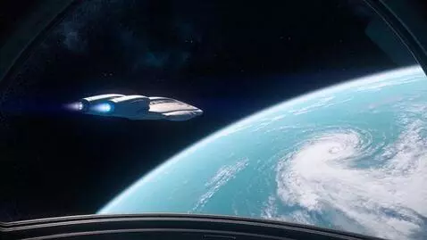 AI Video from prompt: A spaceship is flying past the planet earth, the