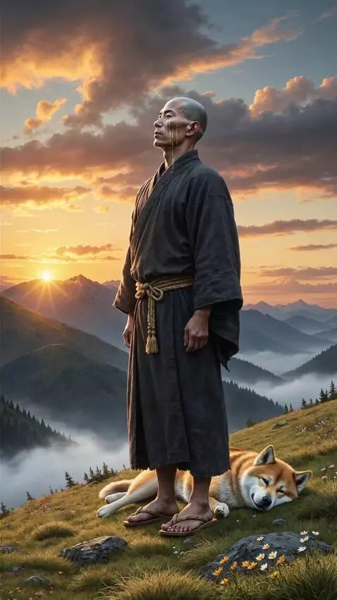 AI Video from prompt: A bald ronin with a stoic expression, standing a