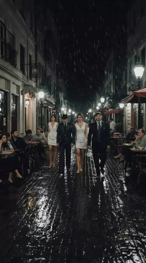 AI Video from prompt: Men in suits and women in white dresses walk dow