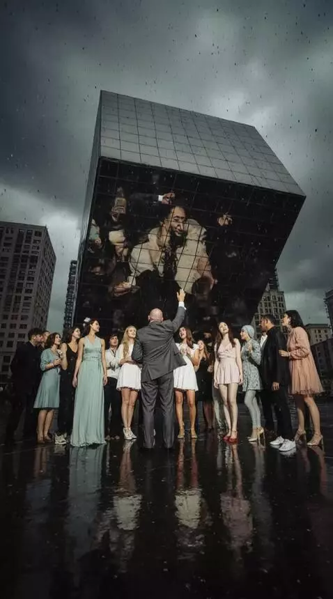 AI Video from prompt: A bald man conducts with a wave of his hand, wom