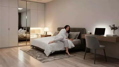 AI Video from prompt: static camera, woman is leaving the bed