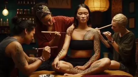 AI Video from prompt: The girls in the tattoo parlor use traditional t
