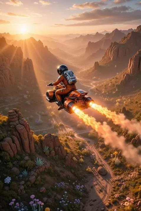 AI Video from prompt: An astronaut on a space motorcycle is flying ove