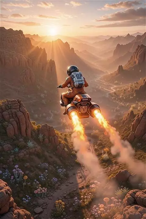 AI Video from prompt: An astronaut on a space motorcycle is flying ove