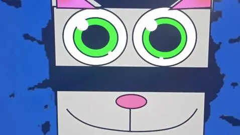 AI Video from prompt: It cuts into a tv and the tv plays Blue Backgrou