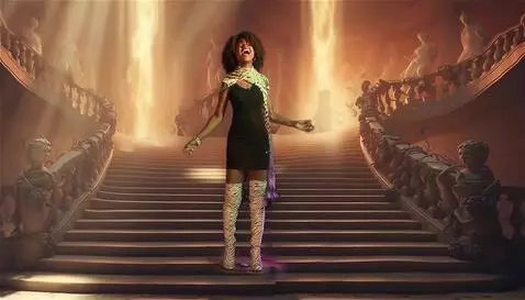 AI Video from prompt: the girl stands on top of thestairway, she sings