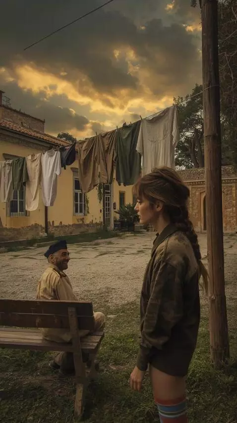 AI Video from prompt: A woman in a man's shirt scolds a soldier, he la