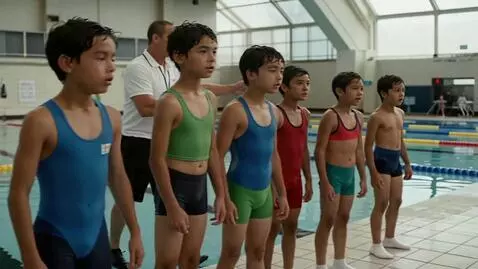 AI Video from prompt: Ten-year-old swimmers in swimming trunks stand i