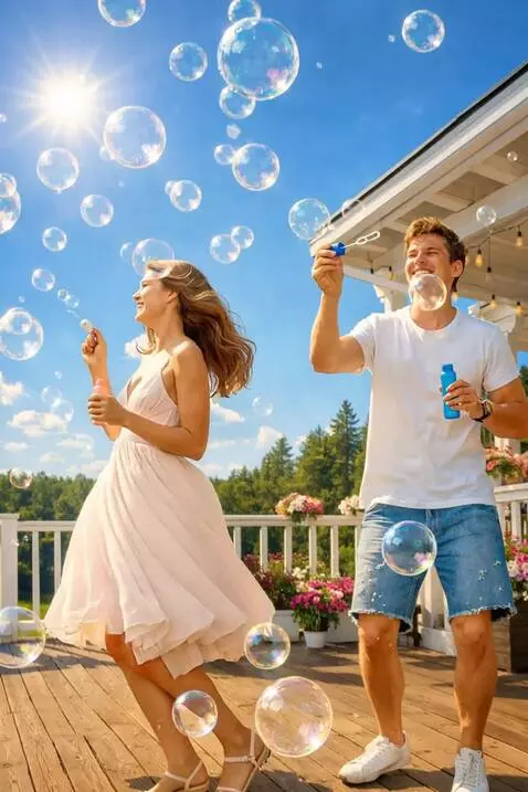 AI Video from prompt: Joyful girl and man blowing soap bubbles, the su
