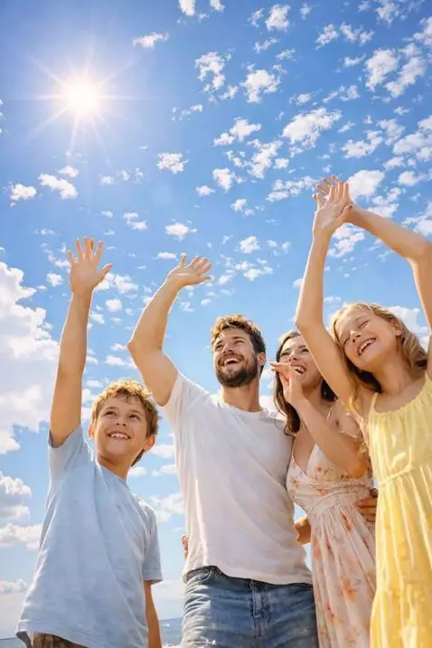 AI Video from prompt: Joyful girl, man and children dance, raise their