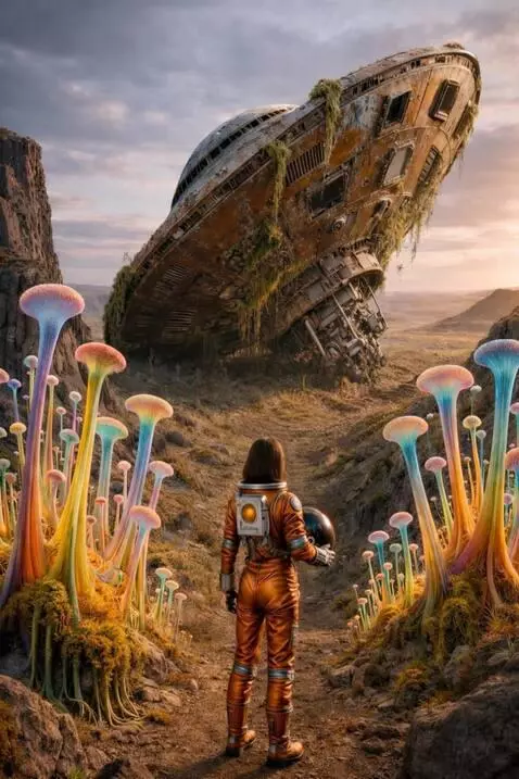 AI Video from prompt: The girl is looking at the flying saucer in fron