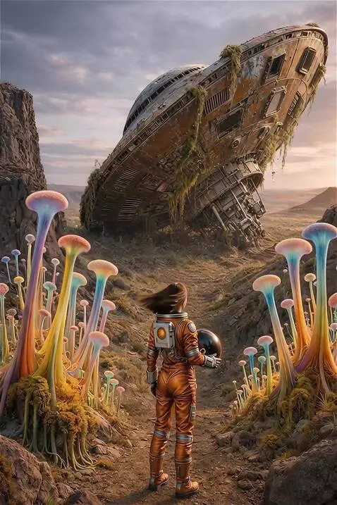 AI Video from prompt: The woman in spacesuit is looking at the rusty f