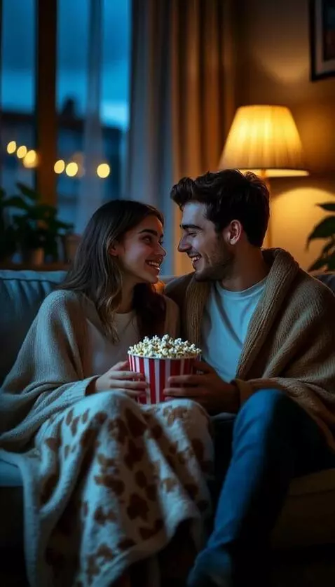 AI Video from prompt: A girl and a guy watch a movie and get close to 