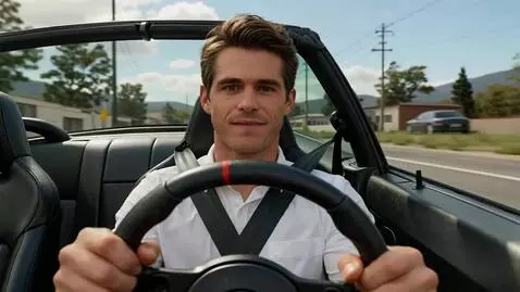 AI Video from prompt: Filming inside a convertible. The driver is driv