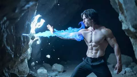 AI Video from prompt: A 29-year-old man with a bare torso, powerful mu