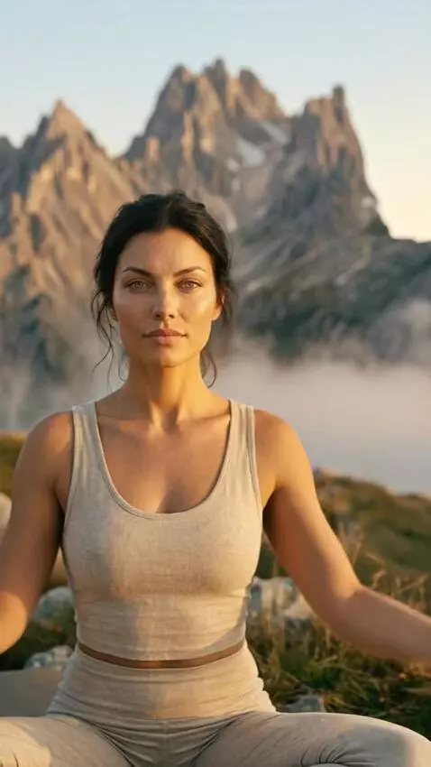 AI Video from prompt: Style cinematic shots of a woman training yoga o