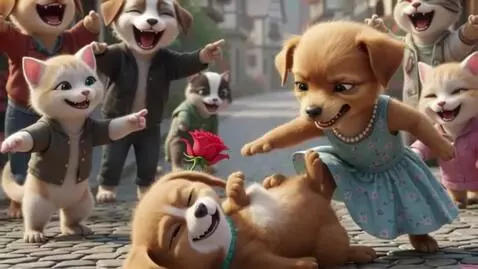 AI Video from prompt: The beautiful female puppy angrily kicks the mal