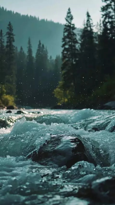 AI Video from prompt: Cinematic daytime mountain river in a dense Cana