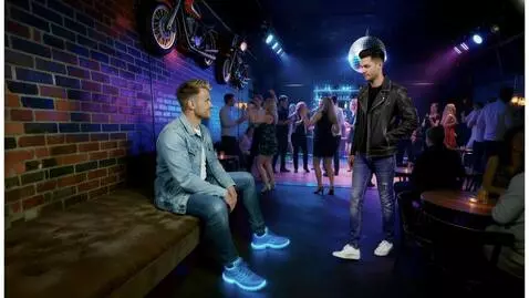 AI Video from prompt: A man in a denim jacket and blue sneakers turns 