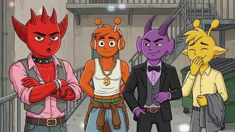 AI Video from prompt: Four characters dance to music and shake their h