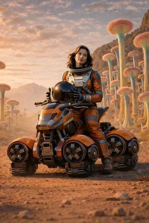 AI Video from prompt: The woman in orange spacesuit looked around and 